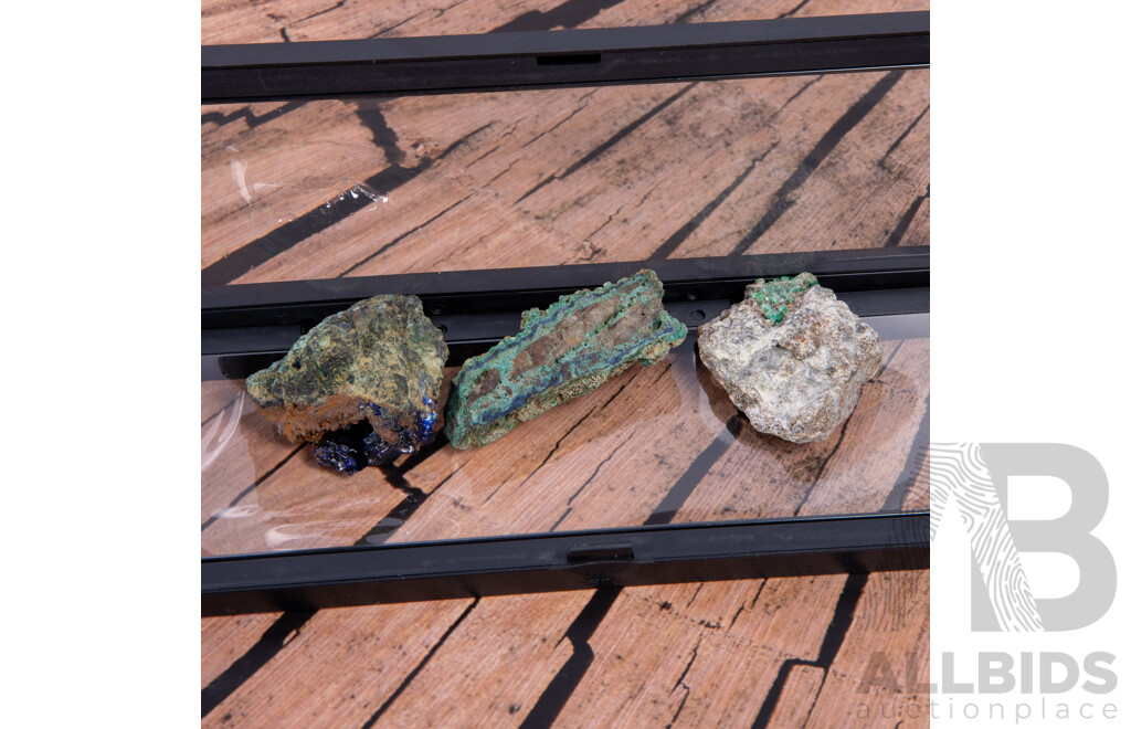 Malechite and Azurite Mineral Specimens in Collectors Frames, From the Pat Collins Collection