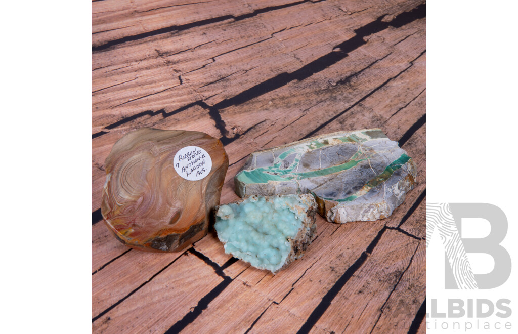 Collection Mineral Specimens in Collectors Frames Comprising Variscite Slice, Australian RIbbon Stone & Smithsonite