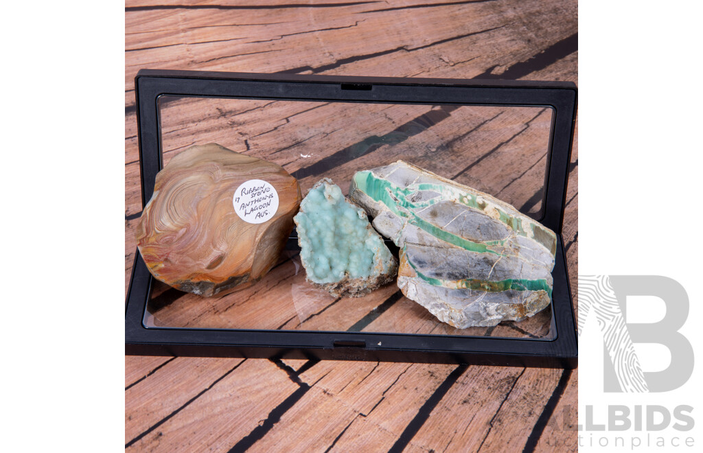 Collection Mineral Specimens in Collectors Frames Comprising Variscite Slice, Australian RIbbon Stone & Smithsonite