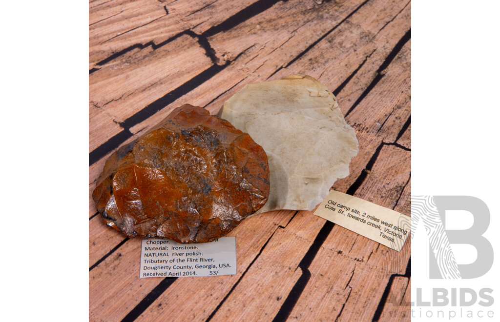 Two Ancient Neolithic Chopper Scrapers Comprising Ironstone Example & Flint Example, Both in Collectors Frames