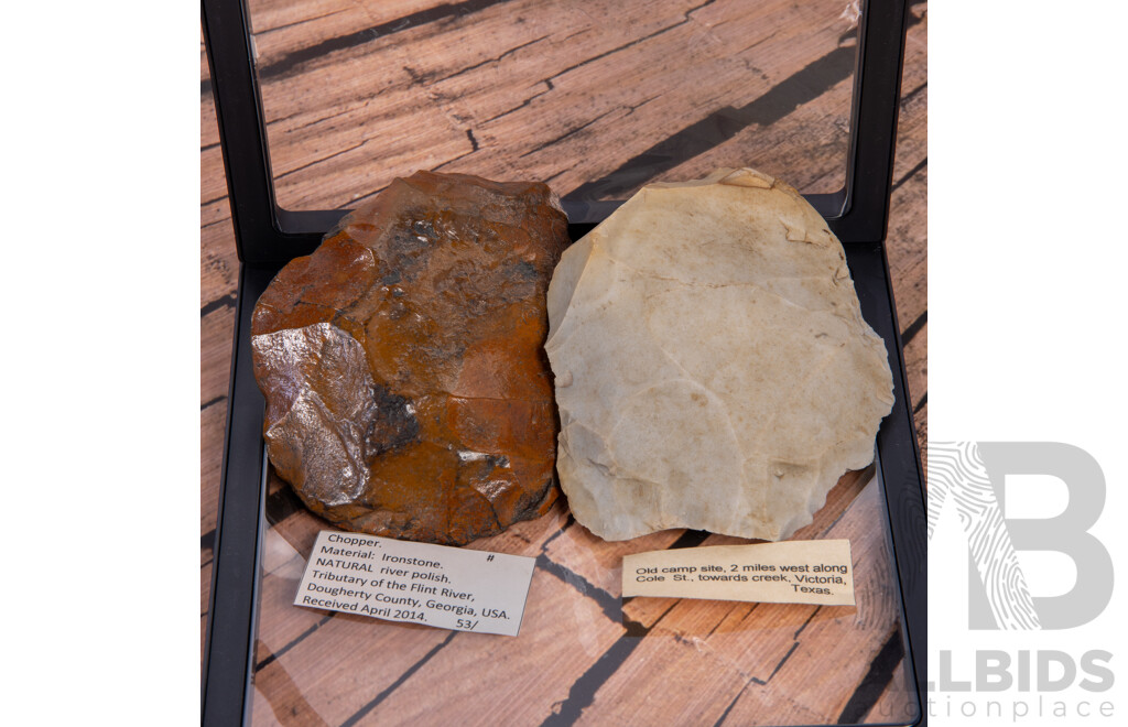Two Ancient Neolithic Chopper Scrapers Comprising Ironstone Example & Flint Example, Both in Collectors Frames