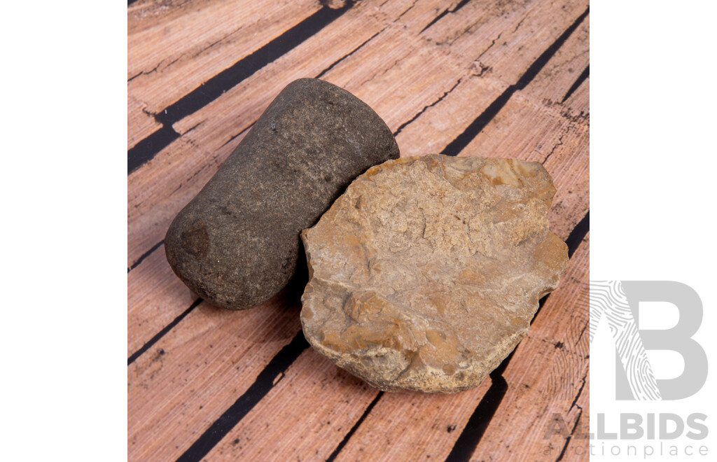 Two Ancient American Neoloithic Items Comprising Grooved Hammer Stone & Flint Scraper, Both in Collectors Frames