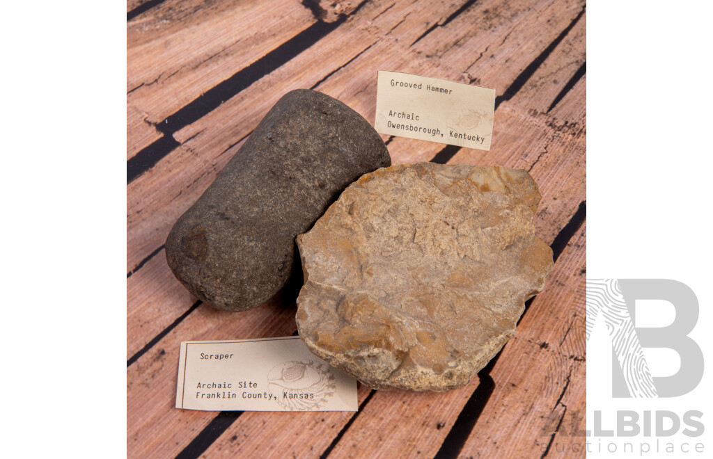 Two Ancient American Neoloithic Items Comprising Grooved Hammer Stone & Flint Scraper, Both in Collectors Frames