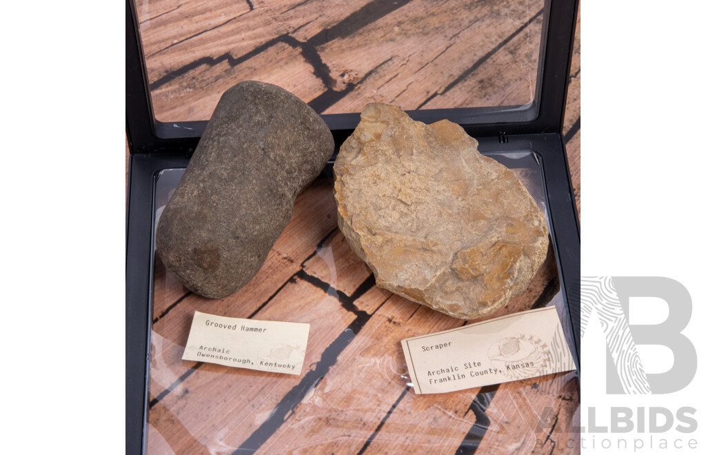 Two Ancient American Neoloithic Items Comprising Grooved Hammer Stone & Flint Scraper, Both in Collectors Frames
