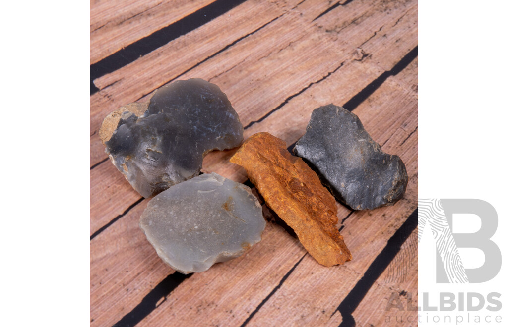 Collection Four Ancient French Neoloithic Items Comprising Two Magdalenian Culture Scrapers, Another Neolithic Scraper & Mesolithic Core Trimming Flake, All in Collectors Frames