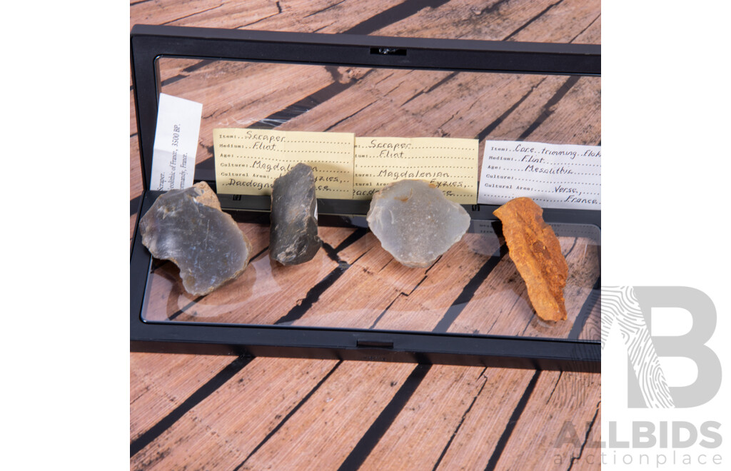 Collection Four Ancient French Neoloithic Items Comprising Two Magdalenian Culture Scrapers, Another Neolithic Scraper & Mesolithic Core Trimming Flake, All in Collectors Frames
