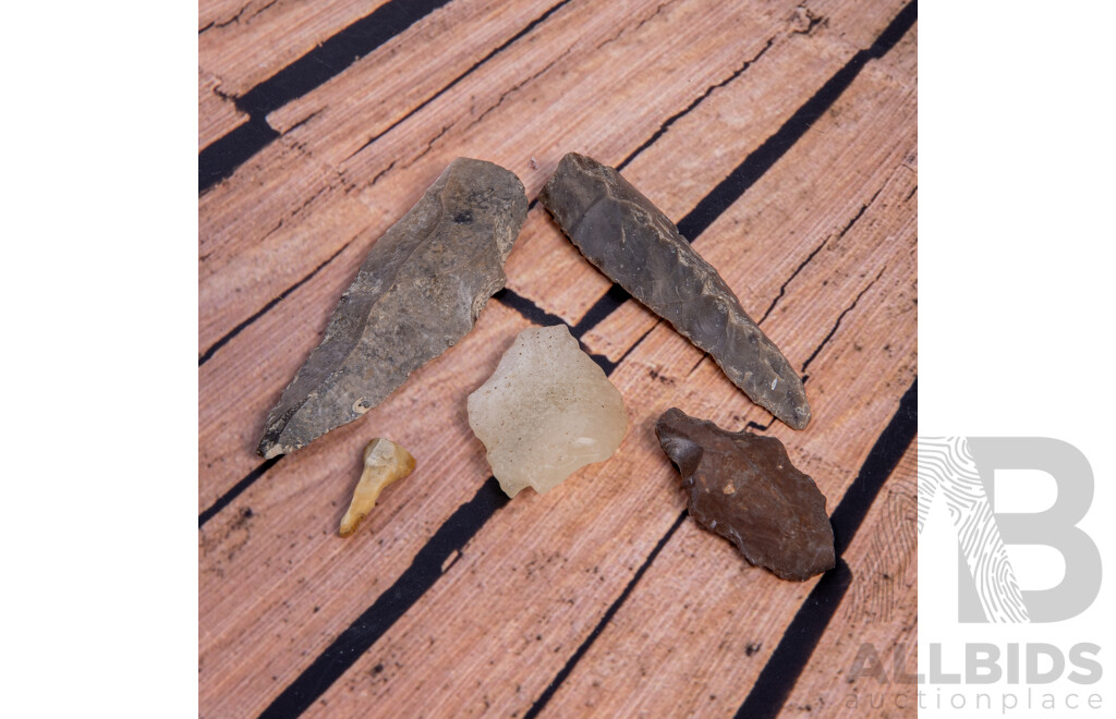 Collection Five Ancient Syrian, Egyptian & Moroccan Neolithic Flint Knapped Items, All in Collectors Frames