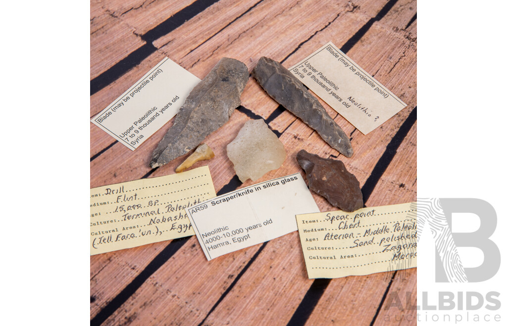 Collection Five Ancient Syrian, Egyptian & Moroccan Neolithic Flint Knapped Items, All in Collectors Frames