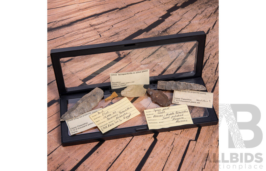 Collection Five Ancient Syrian, Egyptian & Moroccan Neolithic Flint Knapped Items, All in Collectors Frames