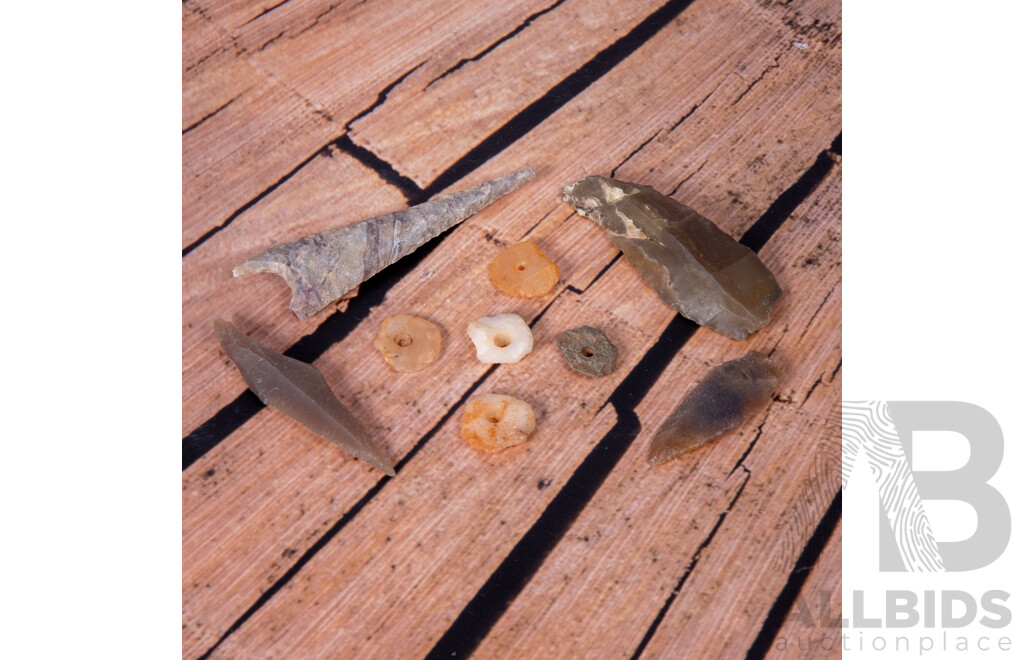Collection Nine Ancient African Neolithic Flint Knapped Items, All in Collectors Frames