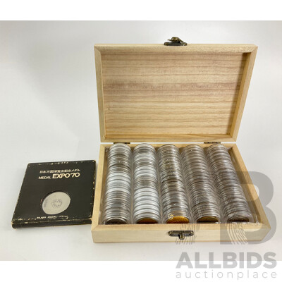Collection of International Cased Coins and Tokens Including Canada, Switzerland, Sweden, Malaysia, New Zealand, Germany, Australia Shilling, Chuck E Cheese, Showbiz Pizza Place
