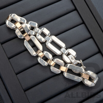Sterling Silver Unisex Two Tone Decorative Flat Belcher Bracelet, 20cm, 24.59 Grams