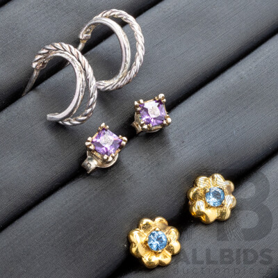 Sterling Silver (3) Pairs of Stud Earrings with Amethyst & Topaz