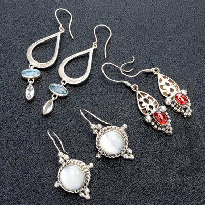 Sterling Silver (3) Pairs of Gemset Drop Earrings on Shepherds Hooks, as New with Garnet, Moonstone & Topaz