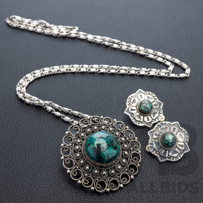 Vintage Jerusalem Silver Eliat Cabochon Brooch/pendant on Chain with Silver Eliat Clip on Earrings, 31.33 Grams