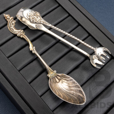 Antique Gorham No. 18C Sterling Rococco Preserves Spoon & Sterling 759 Sugar Cube Tongs, 18.0 Grams