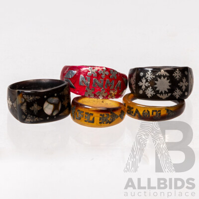 Vintage (4) Carved Tortoiseshell Rings with Inlaid Sterling Silver & Red Carved Ring with Sterling
