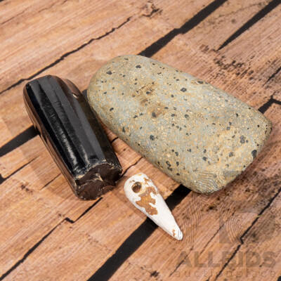 Collection Three Ancient Central American Items Comprising Obsidian Core, Shell Bead & Axe Head, All in Collectors Cases