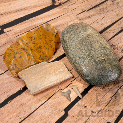 Collection Five Ancient North American Items Comprising Archaic Stone Celt Axe Head, Moss Oalite Scraper, Two Drill Bits & Pottery Rim Sherd,  All in Collectors Cases