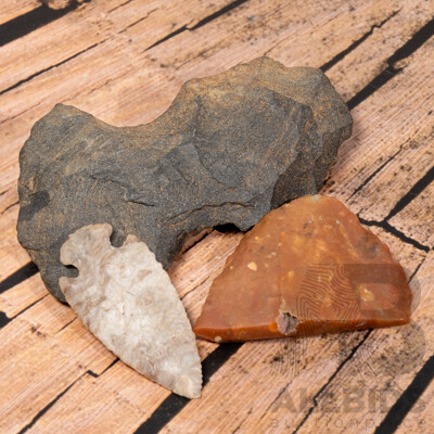 Collection Three Ancient North American Items Comprising Flint St Charles Projectile Point, Novaculite Axe Head, Flint Knife with Hinge Fracture,  All in Collectors Cases