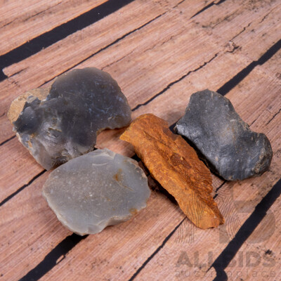 Collection Four Ancient French Neoloithic Items Comprising Two Magdalenian Culture Scrapers, Another Neolithic Scraper & Mesolithic Core Trimming Flake, All in Collectors Frames
