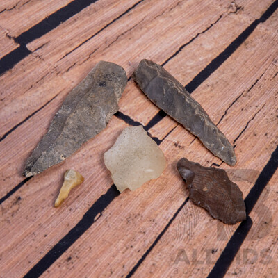 Collection Five Ancient Syrian, Egyptian & Moroccan Neolithic Flint Knapped Items, All in Collectors Frames