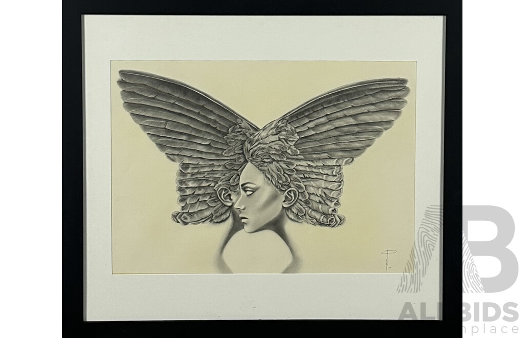 Artist Unknown, (20th Century, Working C2000s), Guardian Angel, Pencil and Black Charcoal, 71 x 81 cm (frame)