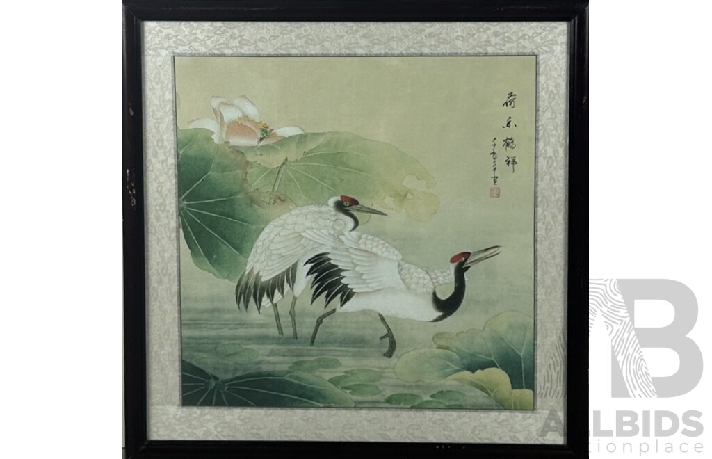 Artist Unknown, (Chinese School), Pair of Chinese Red-Crowned Cranes, Vintage Ink and Colour Wash on Rice Paper, 65 x 65 cm (frame)