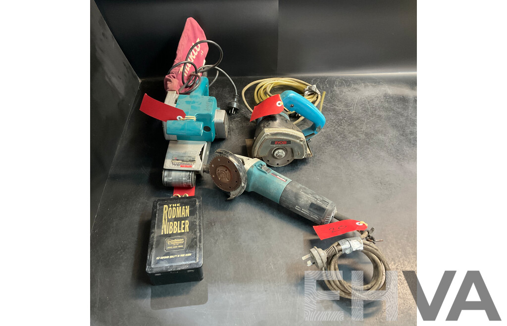 MAKITA 9564C Angle Grinder & 9924DB Belt Sander & RYOBI Hand Held Tile Saw & RODMAN NIBBLER in Box - Lot of 4