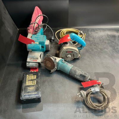 MAKITA 9564C Angle Grinder & 9924DB Belt Sander & RYOBI Hand Held Tile Saw & RODMAN NIBBLER in Box - Lot of 4