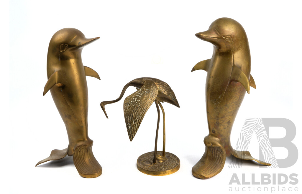 Collection Retro Brass Pieces Comprising Pair Dolphin Figures and Crane Figure