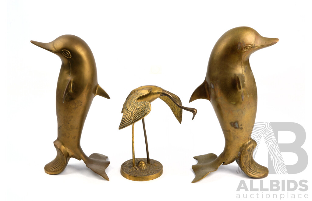 Collection Retro Brass Pieces Comprising Pair Dolphin Figures and Crane Figure