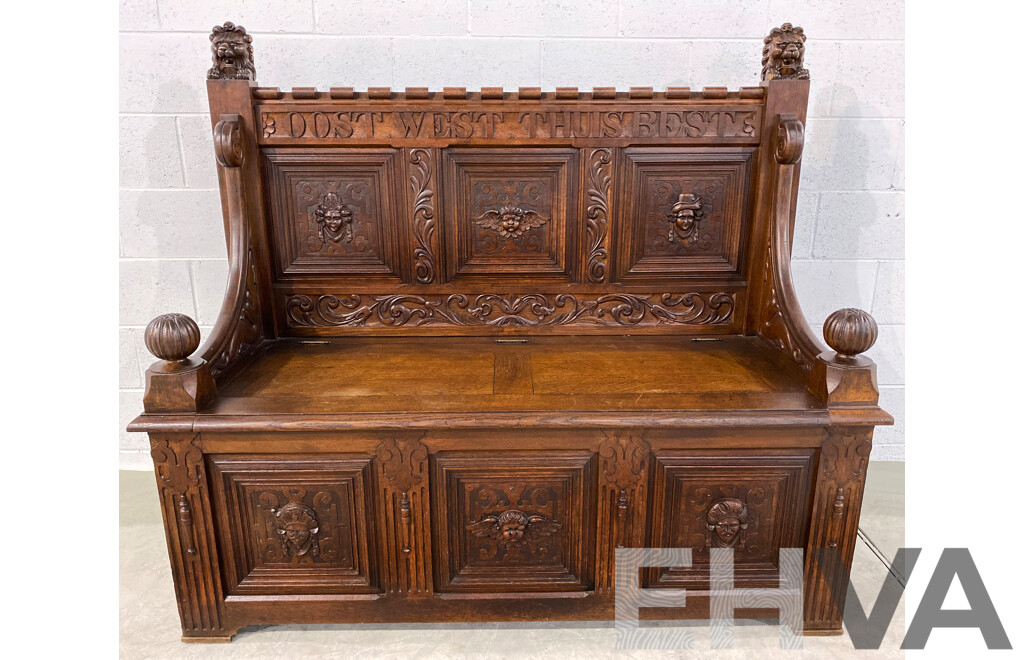 19th Century Dutch Heavily Carved Oak Monks Bench