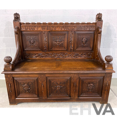 19th Century Dutch Heavily Carved Oak Monks Bench