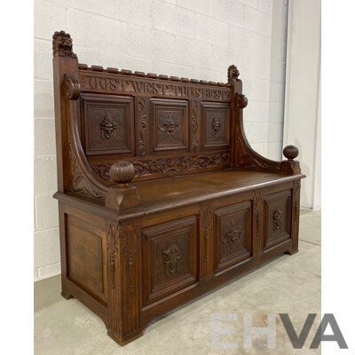 19th Century Dutch Heavily Carved Oak Monks Bench