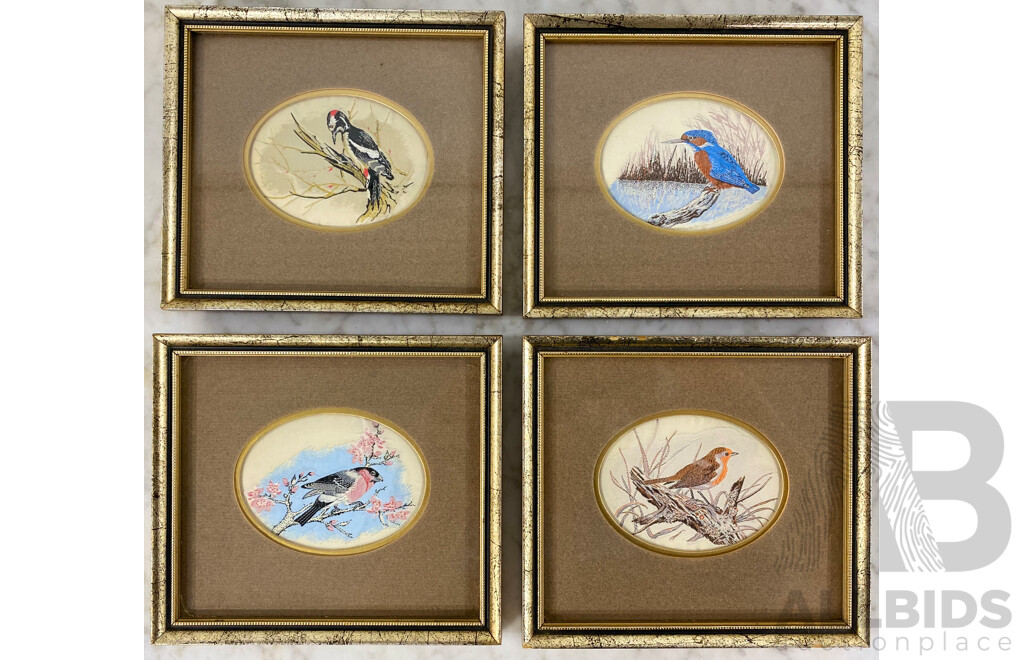 Collection of Framed Bird Themed Jacquard Woven Pictures by Charles Berisford