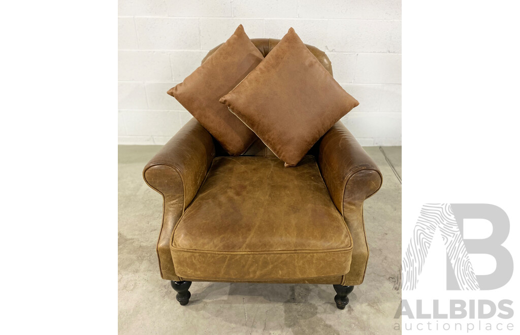 Caramel Leather Button Back Armchair by Laura Ashley with Custom Made Leather Cushions