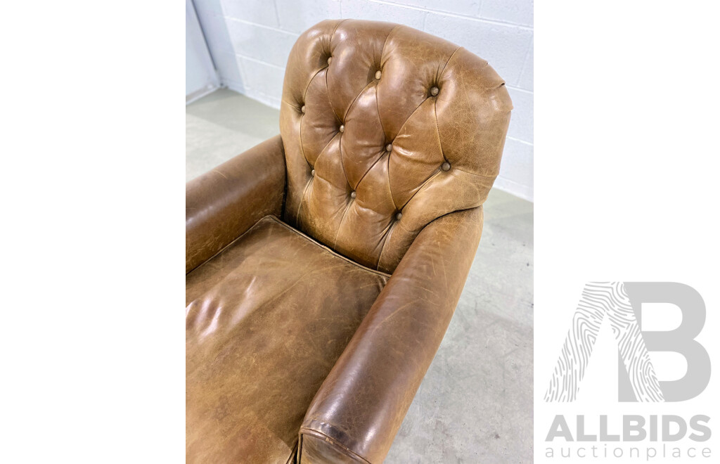 Caramel Leather Button Back Armchair by Laura Ashley with Custom Made Leather Cushions