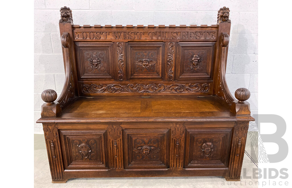 19th Century Dutch Heavily Carved Oak Monks Bench