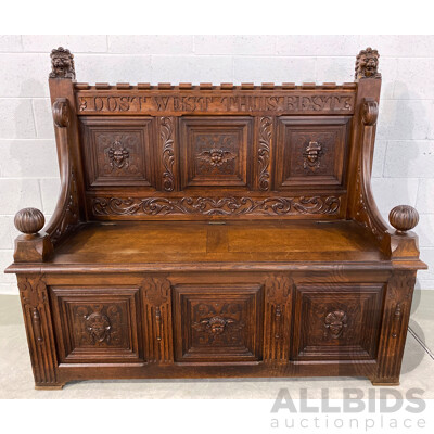 19th Century Dutch Heavily Carved Oak Monks Bench