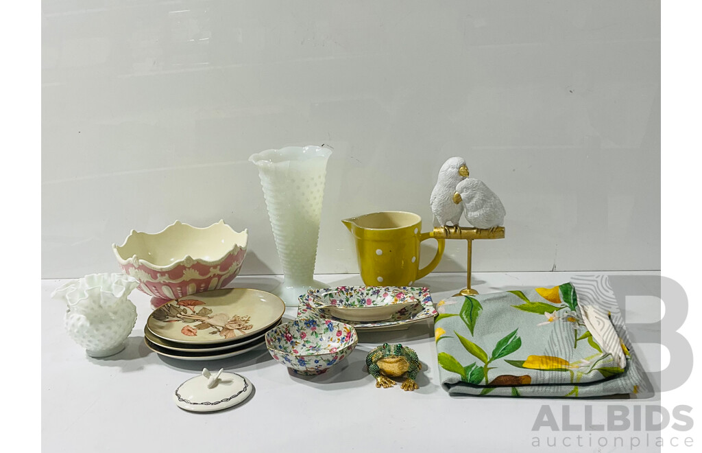 Collection Items Including Two Vintage Hobbed Milk Glass Vases, Three Fairy Fantasy Series Display Plates, Three Pieces Royal Winton Old Cottage Chintz and More