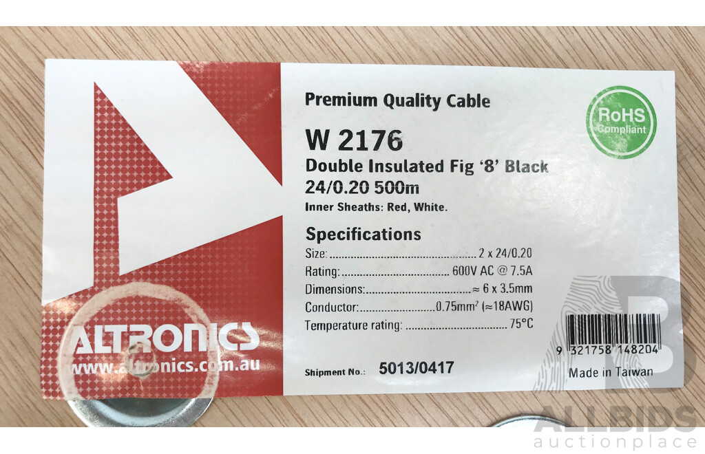 Altronics Premium Quality Cable Double Insulated Fig 8 Black (2 x 24/0.20)