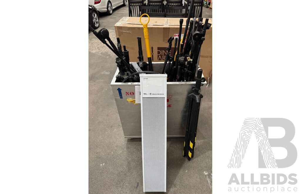 Lot of Various PA Tripods and Equipment in Storage Container