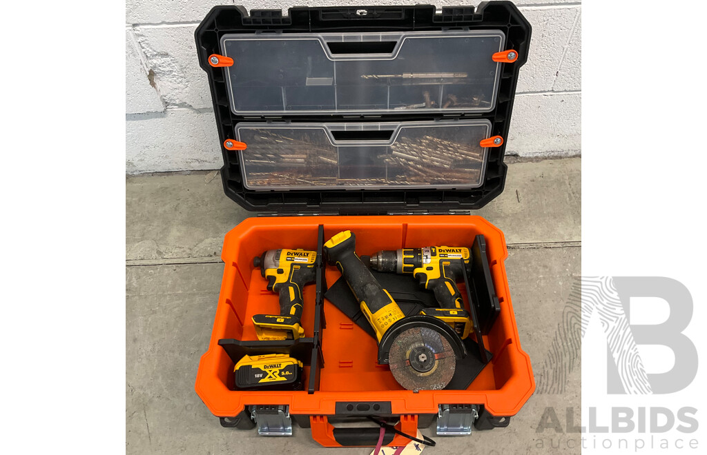 Tactix Toolbox Including DeWalt Drills & Angle Grinder, Drill Pieces