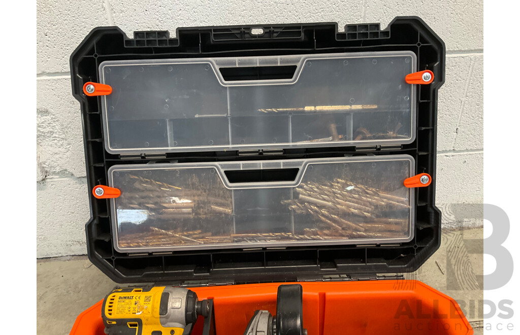 Tactix Toolbox Including DeWalt Drills & Angle Grinder, Drill Pieces