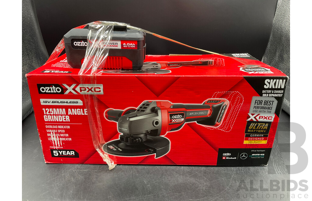 Ozito PXC (PXBVAGS-125) 18V 125MM Brushless Angle Grinder W/ Battery