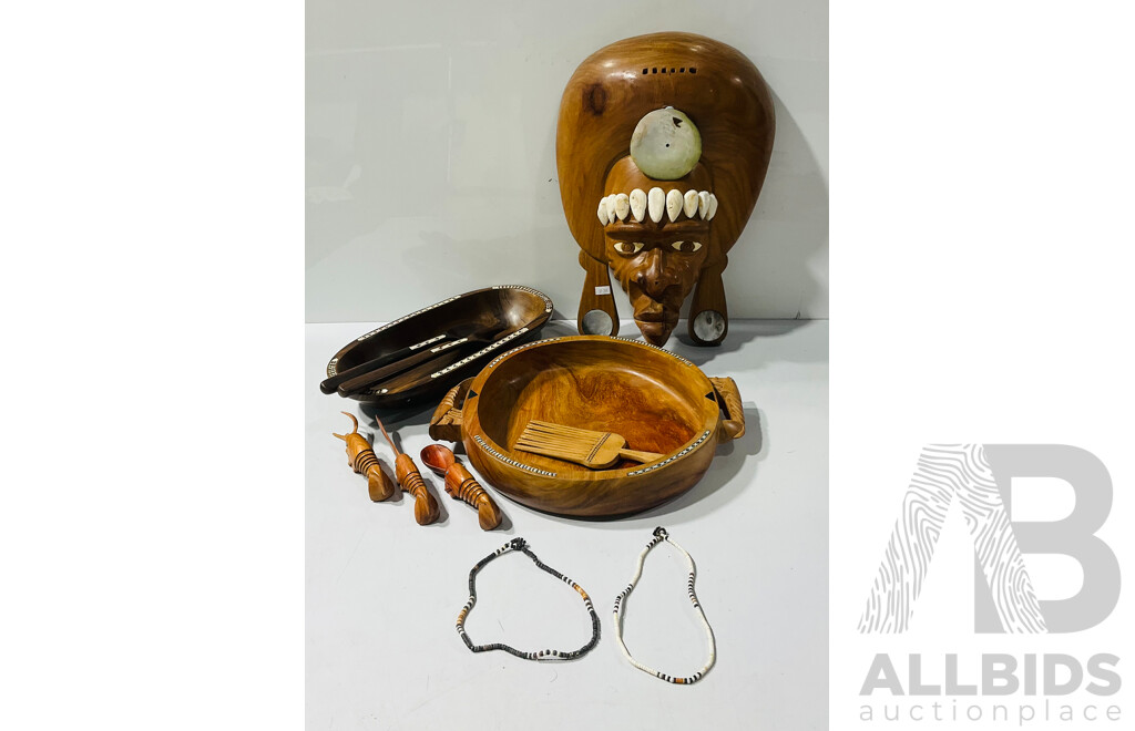 Collection Tribal Oceanic Souviner Ware Including Wooden Mask, Bowl with Mother of Pearl  Inlay and More