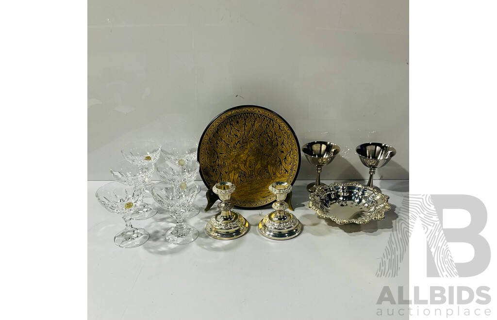 Collection Decorator Items Including Pair Silver Plate Candle Holders, Set RCR Crystal Coupes and More