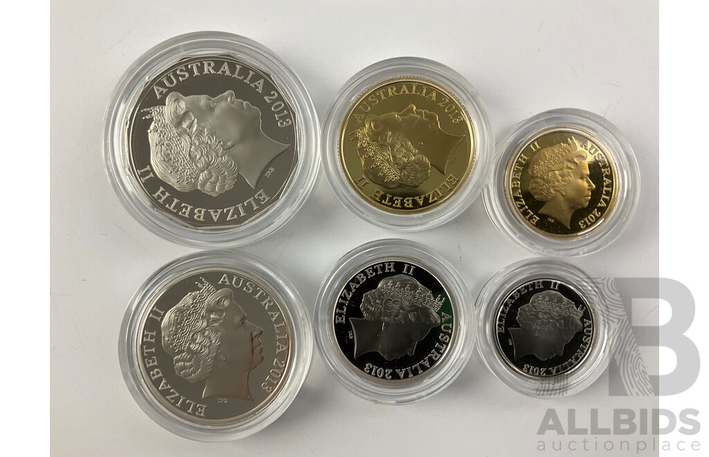 Australian 2013 Proof Coin Set, Four 1999 One Dollar Commemorative ANZAC 'M' 'S' and 'C'(2) with 1988 Bicentennial Medallion