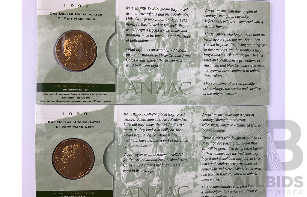 Australian 2013 Proof Coin Set, Four 1999 One Dollar Commemorative ANZAC 'M' 'S' and 'C'(2) with 1988 Bicentennial Medallion